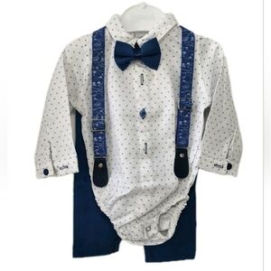 Baby Boys 4pc Set Dress Shirt Bodysuit/Pants/Suspenders / Bowtie 3-6 Months
